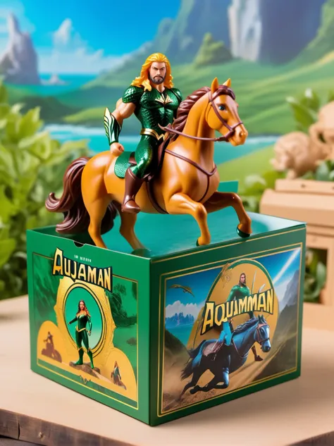 (8k, ultra quality, masterpiece:1.5), (Dutch angle:1.3), ActionFigureQuiron style,action figure box, solo, aquaman,  focus,  bodysuit, superhero,box,horse, horseback riding,full body, 
action figure, toy, doll, character print, (best quality:1.15), (detail...