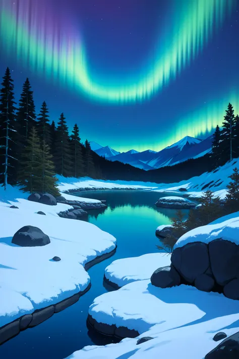 score_9, score_7_up, source_anime, no humans, outdoors, night, landscape, snow, rock, lake, aurora, forest