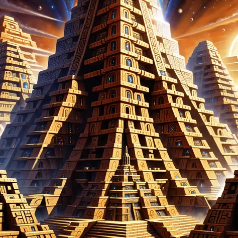 there is a large pyramid of wooden blocks in the middle of a city