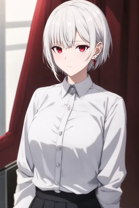 <lora:takt op destiny style:0.5>, takt style, 1girl, white hair, short bobcut, red hair, red eyes, earrings, hair over shoulder, upperbody, white shirt, jacket,