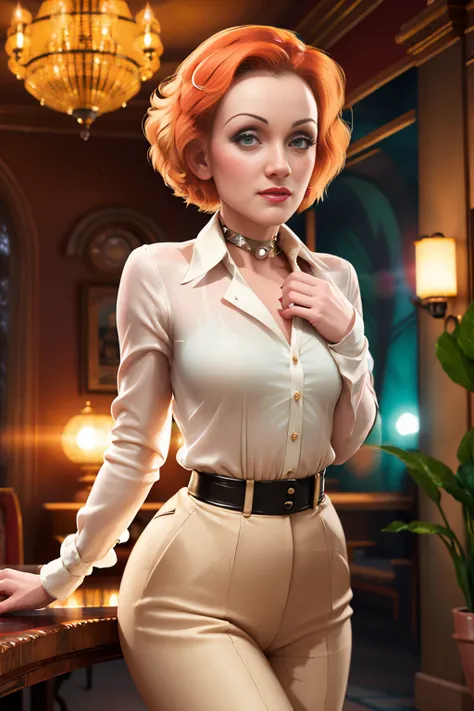 ((MarleneDietrich)), mj3d style,3dmm,3d,((portrait:1.3)), bokeh:1.2, indoors, a beautiful woman, (standing), ((white silk shirt with collar)), ((no cleavage)),feet, (high-heels), looking at viewer, (22 years old woman), medium breast, small waist, (green e...