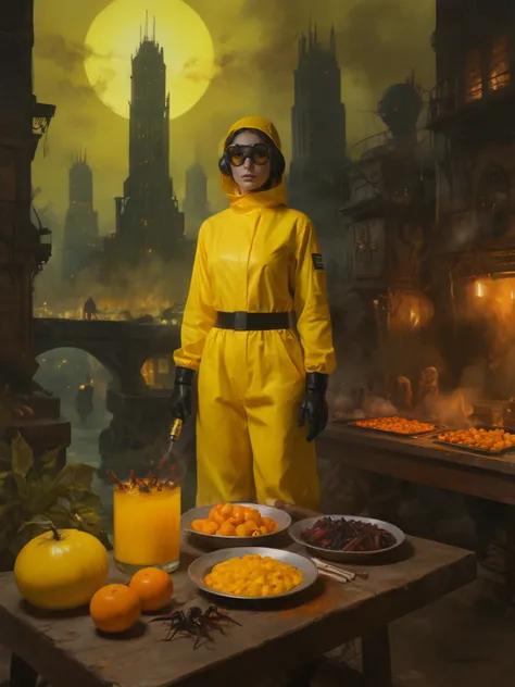 A painting of a woman in a yellow hazmat suit standing in front of a table full of fruit and cockroaches. The woman is wearing goggles and black leather gloves and she is holding a bioluminescent glowing blowtorch in her hand. Theres a burning city in the ...