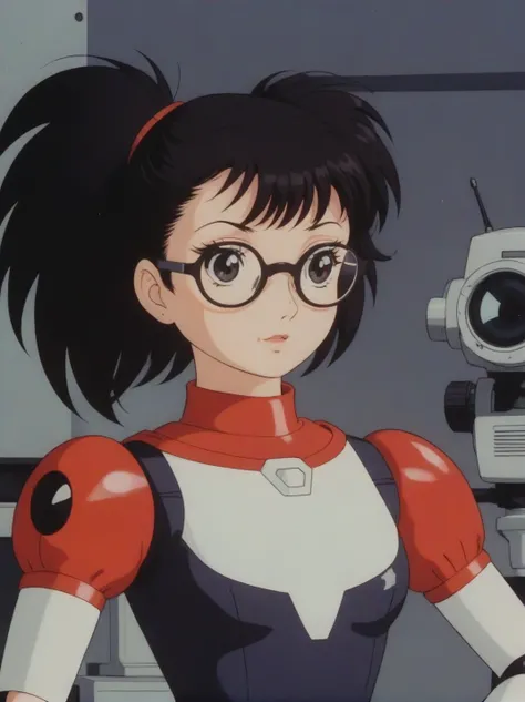 retro animestyle, amazing artwork in the style of osamu tezuka, cute robot girl with round glasses, anime screencap vhs <lora:osamu_tezuka_xl_v1:1>