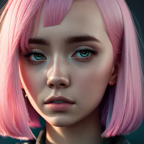 Portrait of a girl with pink hair and gray eyes, cinematic, slate gray atmosphere, soft cinematic light, adobe lightroom, hdr, intricate, highly detailed, muted colors, in front camera 50mm, by ilya kuvshinov sci-fi, faded, dim