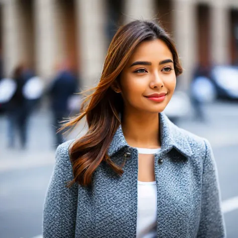 A young woman standing on the street, blur background, beatiful, photorealistic