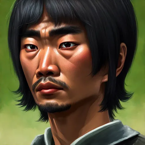 Inspired by fables, china doll face, smooth face feature, intricate oil painting, high detail, sharp high detail, manga and anime 2000, anime, high resolution, psychopathic disposition, blood, man, asian, 8k, shabby clothes, realistic, dark mood, creepy sm...