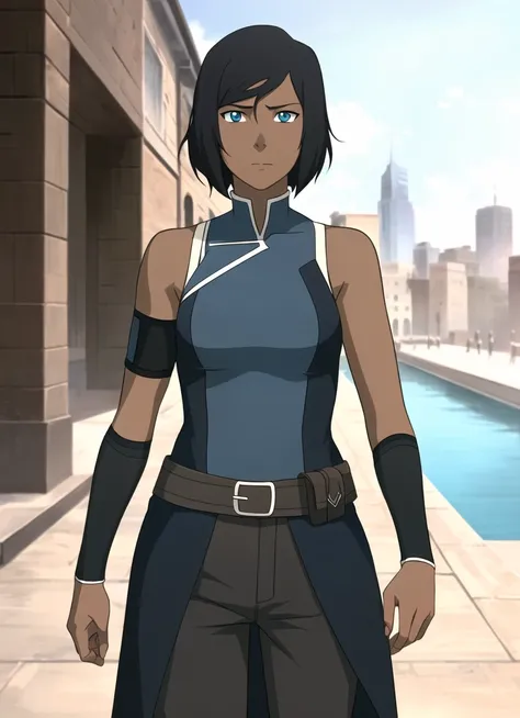 the legend of korra, masterpiece, best quality, 1girl, solo, dark skin, dark-skinned female, black hair, bare shoulders, blue eyes, short hair, looking at viewer,  <lora:the_legend_of_korra_v2_offset:1>