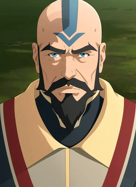 the legend of korra, masterpiece, best quality, 1boy, male focus, solo, facial hair, bald, mustache, blue eyes, arrow tattoo, beard, looking at viewer, manly  <lora:the_legend_of_korra_v2_offset:1>