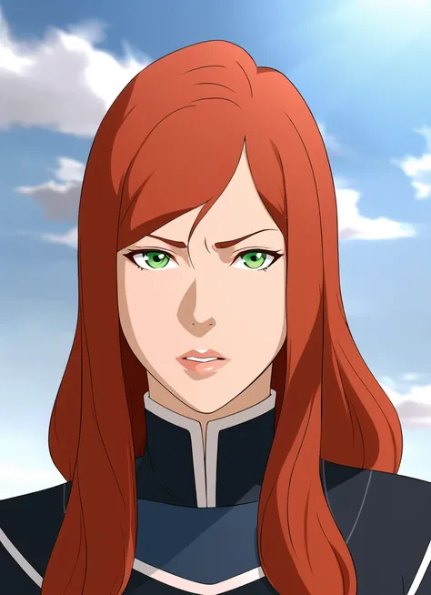 the legend of korra, masterpiece, best quality, 1girl, solo, green eyes, long hair, lips, parody, upper body, shirt, collared shirt, red hair, orange hair, looking at viewer, closed mouth, outdoors <lora:the_legend_of_korra_offset:1>