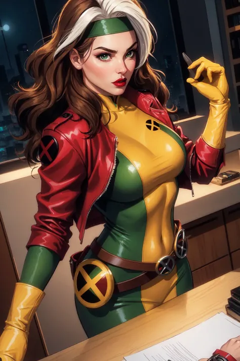 Rogue, Classic, Superhero, Southern Belle,  looking at viewer, large breasts, voluptuous, jacket, parted lips,belt, open jacket,  lips, covered navel, makeup, headband, outstretched arm, lipstick, multicolored clothes, buckle,  belt buckle, red lips,  yell...