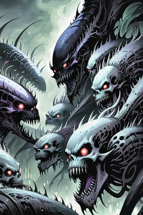 a close up of a bunch of demonic looking monsters with red eyes