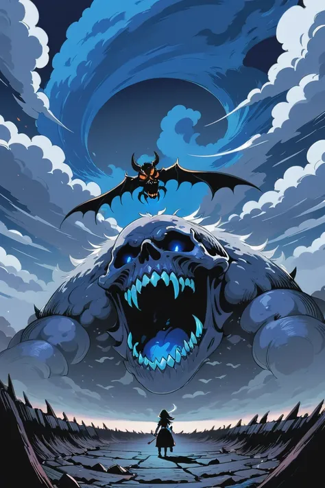 a cartoon picture of a giant monster with a man standing in front of it