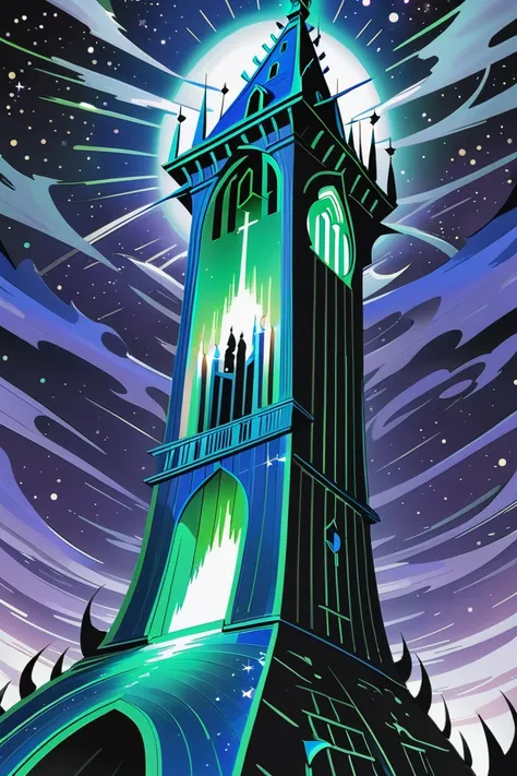 illustration of a clock tower with a sky background and a full moon