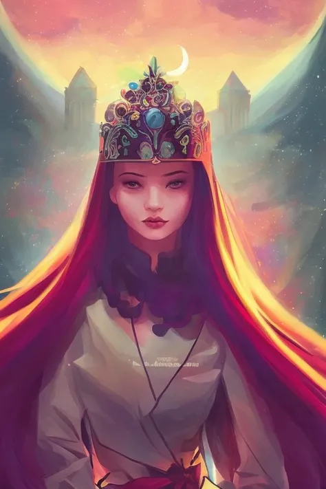 tarot card style, digital illustration, comic book cover, 1girl,aurora, wearing a kimono, rainbow_hair, constellation, crescent_moon, crown, dust, embers, ferris_wheel,solo, foggy future cinematic lighting, wlop, art by artgerm, anidzk2
