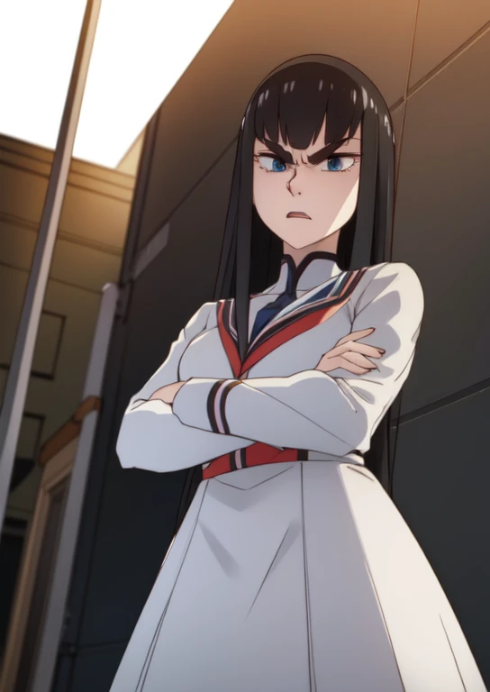 (masterpiece, best quality:1.2), extremely detailed, soft ambient lighting, sharp focus, 4K, BREAK <lora:satsuki-killlakill:0.8>, 1girl, solo, long black hair, blue eyes, satsuki kiryuuin, white dress, angry, closed mouth, BREAK outdoors, school yard, stan...