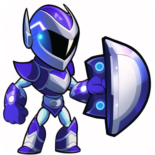 a cartoon image of a blue and white robot holding a shield