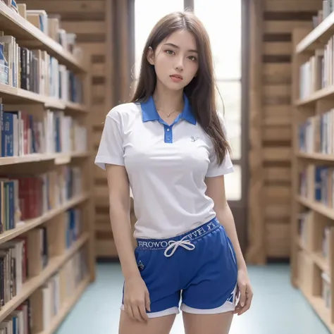 Best quality, masterpiece, ultra high res, RAW photo, (photorealistic:1.4), 1girl, detailed face, cowboy shot, in (white shirt with blue collar, blue sweat shorts),large breasts,unbuttoned clothes,cleavage,(narrow waist:1.2), long hair, in the library, bokeh, beautiful lighting, model posing,<lora:ShenzhenUniform_v10:0.4> ,<lora:cuteGirlMix4_v10:0.5>