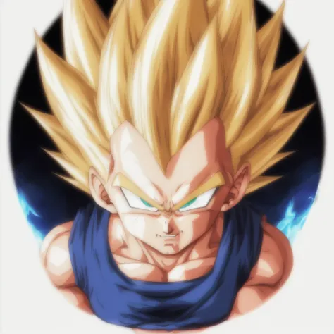 a majinvegeta  he has a landscape ,  portrait ,have a m for majin on the forehead,digital art,rays around him, he has a landscap...