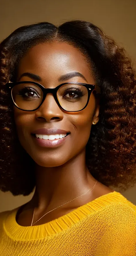 photograph, woman, african american, glasses, yellow sweater, portrait