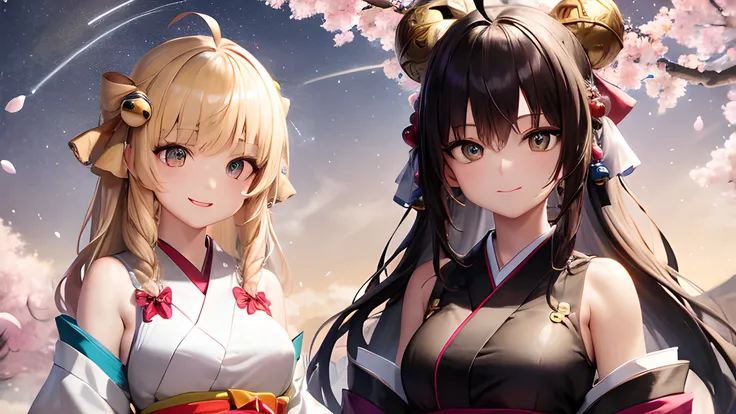 anime girls in kimono garbs standing under a cherry tree