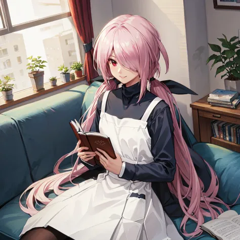 <lyco:minamisawaSenri-000020:1.0> minamisawa senri,  white dress, turtleneck
indoors, reading a book, couch, smile