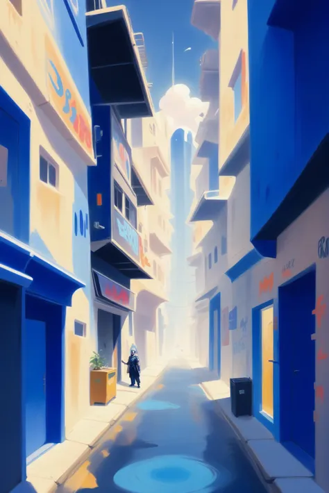 there is a painting of a person walking down a street