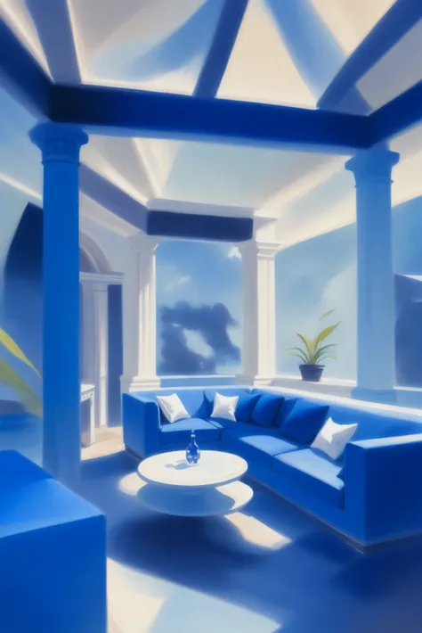 arafed view of a living room with a blue couch and a white coffee table