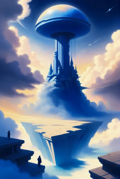 a painting of a man standing on a ledge looking at a floating city