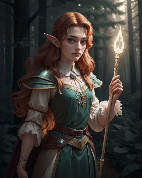 three quarters shot, ErinSD15b as as an elf wizard with pointy elf_ears, wearing wizard armor, at night standing in a haunted forest, 1girl with a single thick magical staff in one hand, gesturing wildly, magical glowing aura in the background, 4k textures...