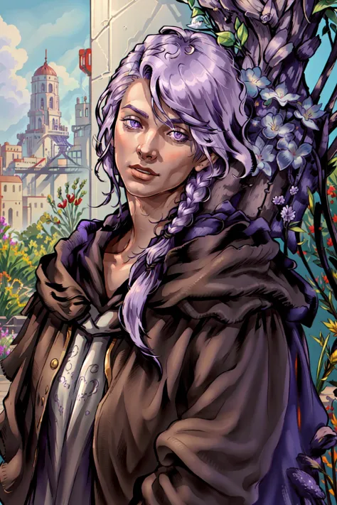 Hythlodaeus, 1boy, male focus, bangs, lavender hair, purple eyes, braided ponytail, day, flower, fur trim, hair over shoulder, hood, hood down, nature, outdoors, portrait, realistic, single braid, solo, upper body <lora:Hyth_LoRa:0.7>