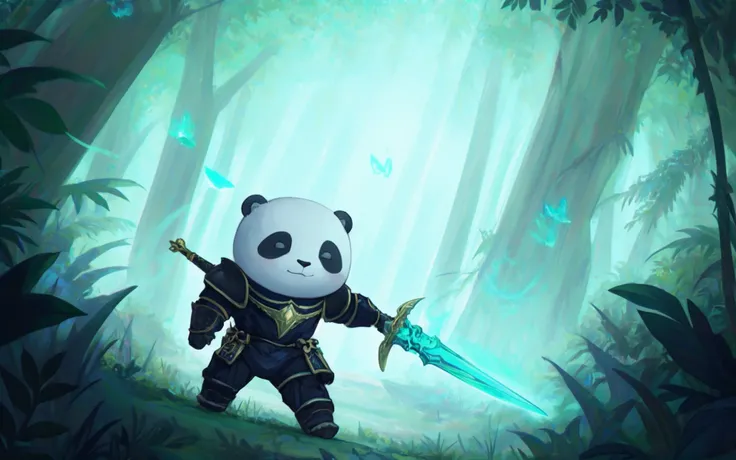 a super cute anthro humanoid giant panda chibi knight, wearing armor, wielding glowing sword, helmet, fantasy jungle temple in background