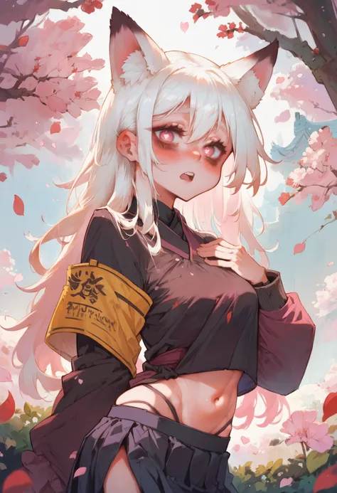 a woman with white hair and a cat ears is posing in front of a tree