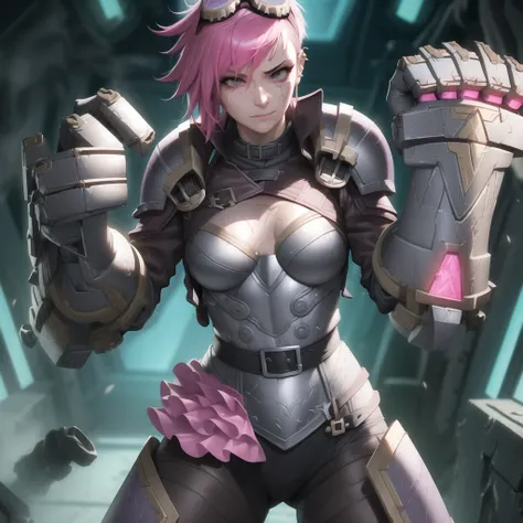 sfw, vi, original-clothes, gauntlets, armor, punching, mature female, solo, pink hair, closed mouth, goggles on head, piercing, medium breasts, masterpiece, best quality <lora:vi-000020:0.8>