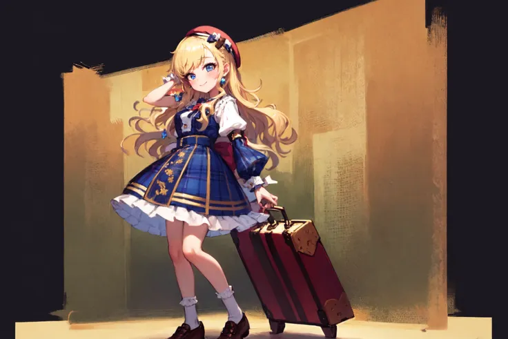 <lora:ohtsuki yui v10:1>, ohtsuki yui, 1girl, solo, blonde hair, long hair, blue eyes, dress, red headwear, hat, suitcase, breas...