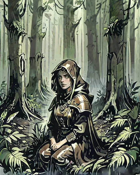 arafed image of a woman sitting in the woods with a hood on