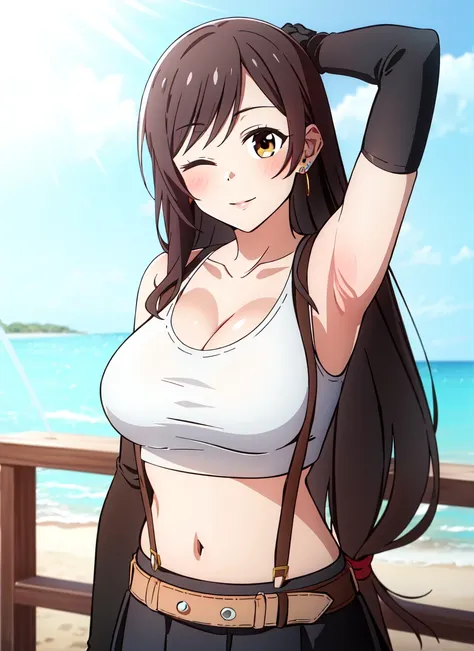 <lora:bocchi_style_offset:1> bocchi style, tifa lockhart, 1girl, thick lips, arm up, armpits, artist name, belt, black hair, breasts, brown eyes, cleavage, closed mouth, collarbone, cowboy shot, crop top, earrings, elbow gloves, elbow pads, gloves, jewelry...