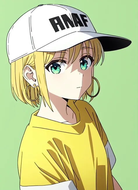 <lora:bocchi_style_offset:1> bocchi style, masterpiece, best quality, 1girl, aqua eyes, baseball cap, blonde hair, closed mouth, earrings, green background, hat, hoop earrings, jewelry, looking at viewer, shirt, short hair, simple background, solo, upper b...