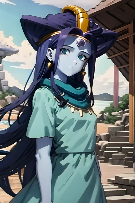 masterpiece, best quality, <lora:oceanus_shenron:0.9>, blue skin, long hair, blue hair, aqua eyes, oceanic shenron, looking at viewer, outdoors, expressionless, closed mouth, jewelry, earrings, small breasts, upper body, dragon ball gt, from side, dress, s...