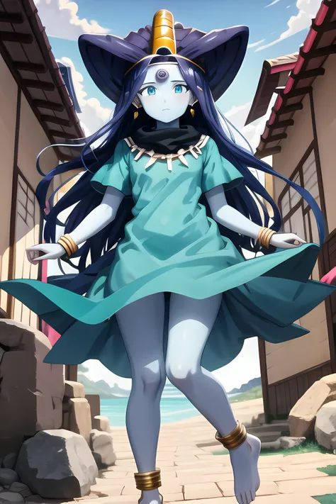 masterpiece, best quality, <lora:oceanus_shenron:0.8>, blue skin, long hair, blue hair, aqua eyes, oceanic shenron, looking at viewer , illustration, outdoors, expressionless, closed mouth, jewelry, earrings, barefoot, anklet, bracelet, short sleeves, thig...