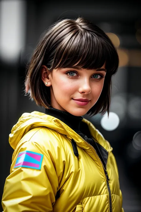 photo of beautiful (m1ll13bb:0.99), a woman in a (movie premiere gala:1.1), short black hair, wearing yellow (hazmat suit:1.1),  ((Holosexual:1.1)), (smiling:1.1), modelshoot style, (extremely detailed CG unity 8k wallpaper), professional majestic (photogr...