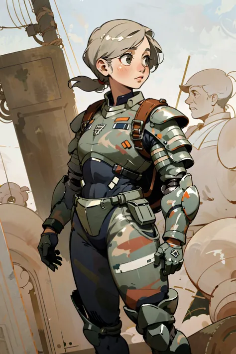 1 mature female soldier using exoskeleton armor ,backpack,  small eyes, ww1, camouflage
clear lines, flat color, 
realistic, (best quality, masterpiece),
 <lora:streamlinerai:0.7>