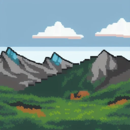 mountains landscape, rural area in foreground, pixelart, nvinkpunk