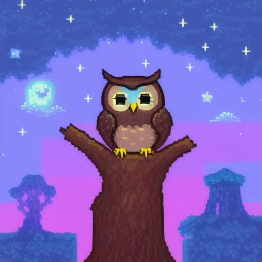 a cute owl sleeping in tree hole, night sky, glowing stars, (pixelart:1.2), modern disney style