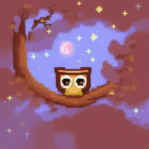 a cute owl sleeping in tree hole, night sky, glowing stars, (pixelart:1.2), modern disney style