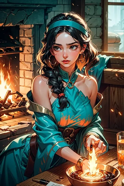 intense, Protector of hearth and home, with a nurturing presence and a warm glow, Belle, Tall, Firm, Round Face, Olive Skin, Black Hair, teal Eyes, [[Curved Nose]], Full Lips, Round Chin, Shoulder-Length Hair, Wavy Hair, Braided Headband, full breasts, Fau...