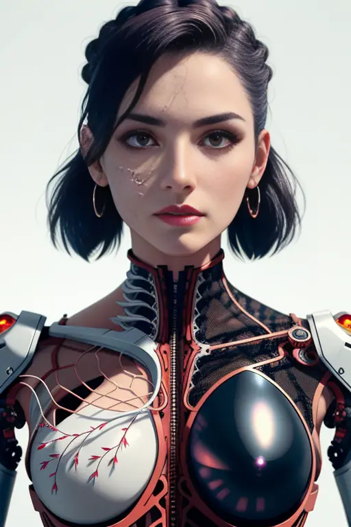 complex 3d render ultra detailed of a beautiful, biomechanical cyborg, analog, 150 mm lens, beautiful natural soft rim light, bi...