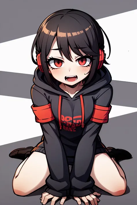 ((masterpiece, best quality)), (1girl), (solo), (female focus), full body, (black hair, short hair, red streaks), red eyes, slight smile, open mouth, fangs, ( mole, only mole under eye), (headphones around neck), (((big sweatshirt, hooded sweatshirt, sleev...