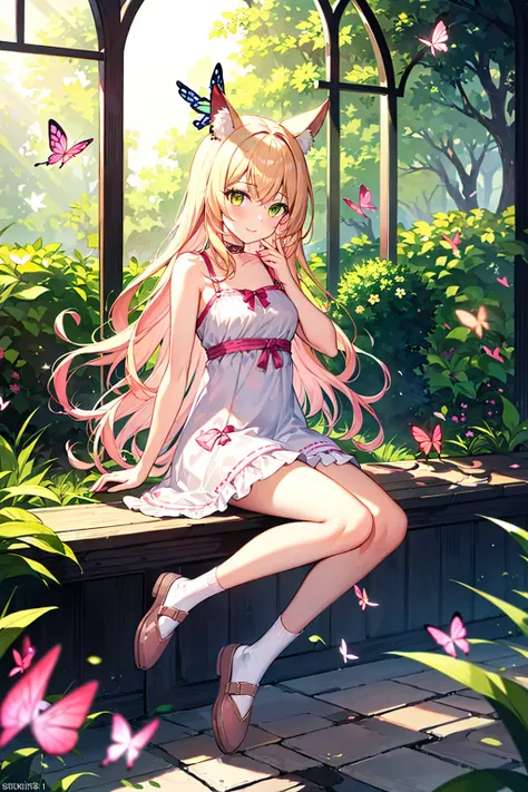 anime girl sitting on a bench with butterflies flying around her