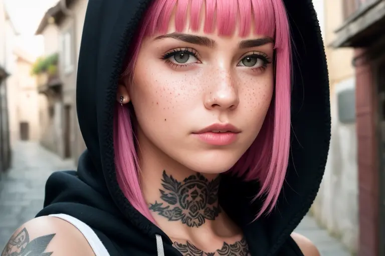 best quality, masterpiece, raw photo, photorealistic, detailed, woman, hoodie, arm tattoo, portrait, asymmetrical bangs, bandaid...