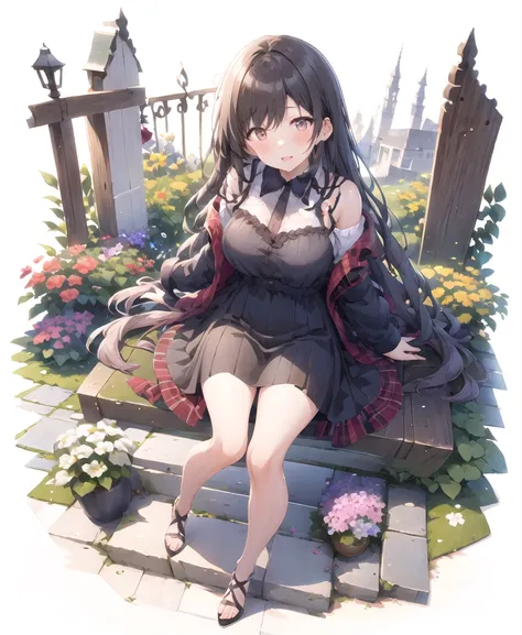 [(white background:1.5)::5], isometric, 1 girl, mid shot, full body, masterpiece, best quality,garden, flowers, petals, very long hair